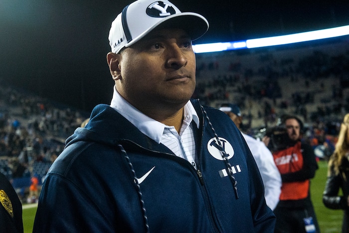 (Chris Detrick  |  The Salt Lake Tribune)  Brigham Young Cougars head coach Kalani Sitake walks off of the field after the game LaVell Edwards Stadium Friday, October 6, 2017. Boise State Broncos defeated Brigham Young Cougars 24-7.