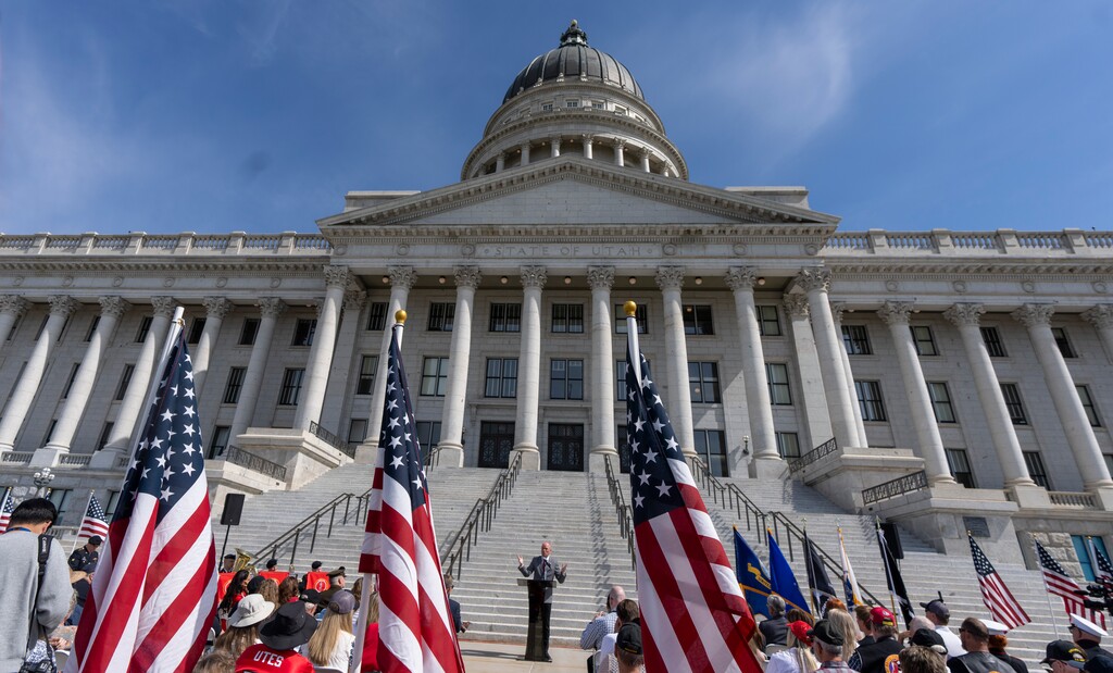 (Rick Egan | The Salt Lake Tribune) Utah Gov. Spencer Cox speaks at the Memorial Day ceremony on the steps of the Utah Capitol Building on Monday, May 29, 2023.