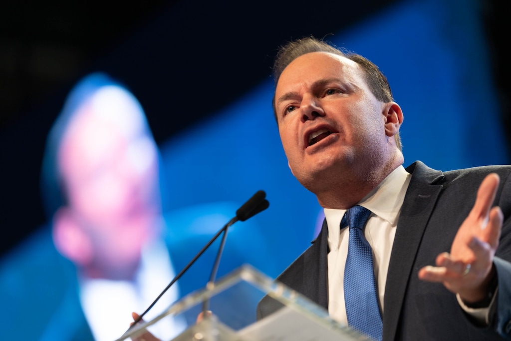 (Francisco Kjolseth | The Salt Lake Tribune) Sen. Mike Lee speaks with delegates attending the Utah Republican Party’s 2021 Organizing Convention at the Maverik Center in West Valley City on Saturday, May 1, 2021.