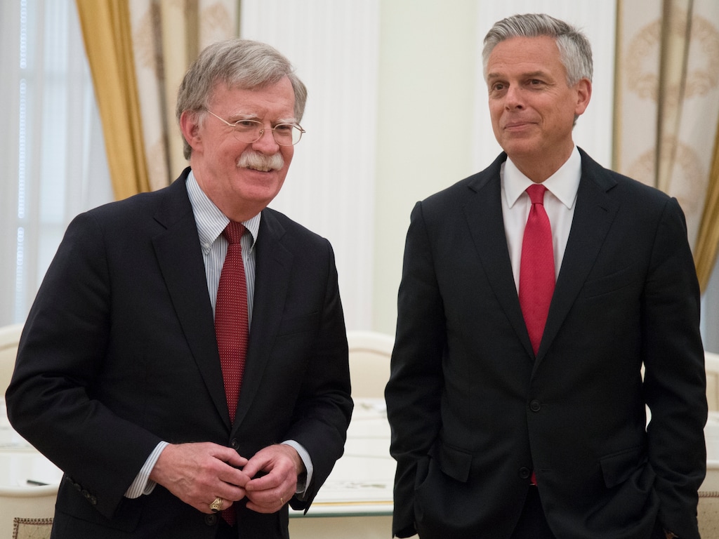 U.S. National security adviser John Bolton, left, and US Ambassador to Russia Jon Huntsman Jr wait for the talks with Russian President Vladimir Putin in the Kremlin in Moscow, Russia, Wednesday, June 27, 2018. Bolton is meeting Putin for talks intended to set the stage for a U.S.-Russia summit. (AP Photo/Alexander Zemlianichenko, Pool)