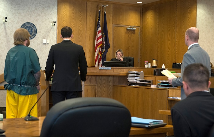 (Rick Egan  |  The Salt Lake Tribune)       Judge Christine S. Johnson, listens to proceedings as Jerrod Baum appears for a hearing in front of in the 4th District Court, in Provo, Thursday, April 26, 2018.  Baum is accused of killing 18-year-old Riley Powell and 17-year-old Brelynne “Breezy” Otteson in December and dumping their bodies into an abandoned mine shaft.



