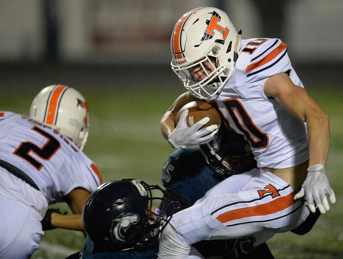 (Francisco Kjolseth  |  The Salt Lake Tribune)  Payton Madsen faces the Corner Canyon defense during game action between Timpview at Corner Canyon on Thursday, Sept. 21, 2017.