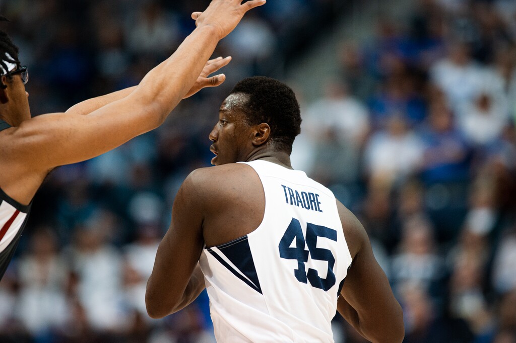 (Rachel Rydalch | The Salt Lake Tribune) Brigham Young Cougars forward Fousseyni Traore (45) during the NIT quarter final game at the Marriott Center on Wednesday, March 23, 2022.