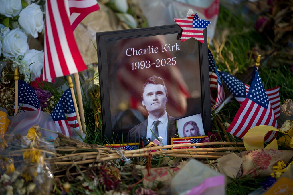 (Trent Nelson  |  The Salt Lake Tribune) Memorials to Charlie Kirk at Utah Valley University in Orem on Monday, Sept. 29, 2025.