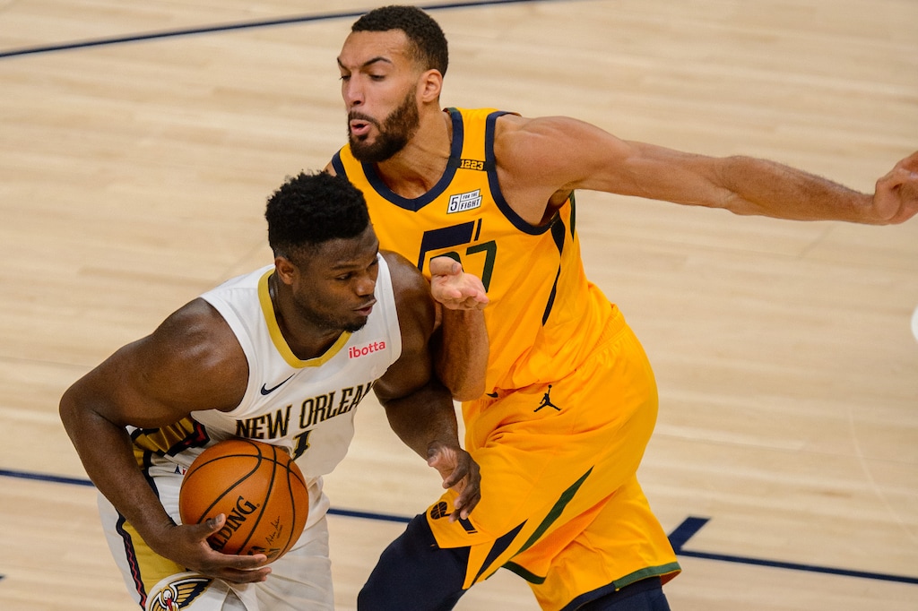 (Trent Nelson  |  The Salt Lake Tribune) New Orleans Pelicans forward Zion Williamson (1) defended by Utah Jazz center Rudy Gobert (27) as the Utah Jazz host the New Orleans Pelicans, NBA basketball in Salt Lake City on Tuesday, Jan. 19, 2021.
