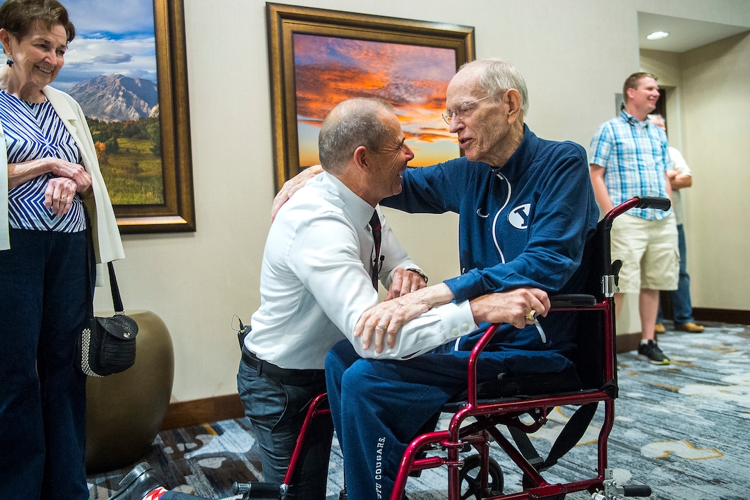 (Chris Detrick  |  The Salt Lake Tribune)  Provo Mayor John Curtis talks with friend Ray Beckham, of Provo, during his election night party at the Provo Marriott Hotel & Conference Centerr Tuesday, August 15, 2017. 