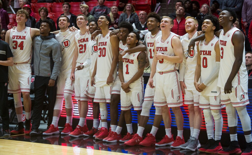 (Rick Egan  |  The Salt Lake Tribune)  The Utes watch a video tribute to the 5 graduation seniors on after Utah defeated Colorado 64-54, in PAC-12 basketball action between Utah Utes and Colorado Buffaloes, at the Jon M. Huntsman Center, Saturday, March 3, 2018.