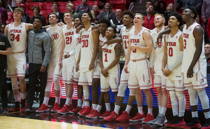 (Rick Egan  |  The Salt Lake Tribune)  The Utes watch a video tribute to the 5 graduation seniors on after Utah defeated Colorado 64-54, in PAC-12 basketball action between Utah Utes and Colorado Buffaloes, at the Jon M. Huntsman Center, Saturday, March 3, 2018.