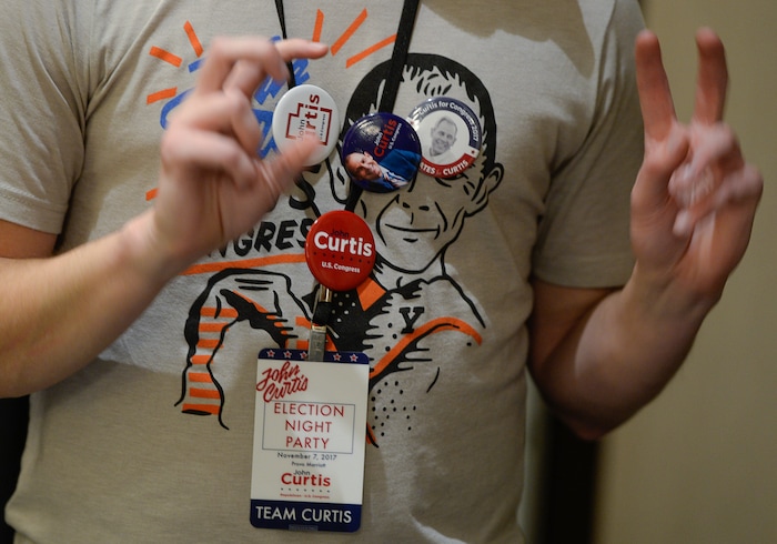 (Francisco Kjolseth  |  The Salt Lake Tribune)  Supporters of John Curtis, Republican candidate for 3rd Congressional District, join the watch party awaiting election results at the Provo Marriott Hotel & Conference Center Tuesday, Nov. 7, 2017. The winner of the November special election will fill the congressional seat recently vacated by Jason Chaffetz.