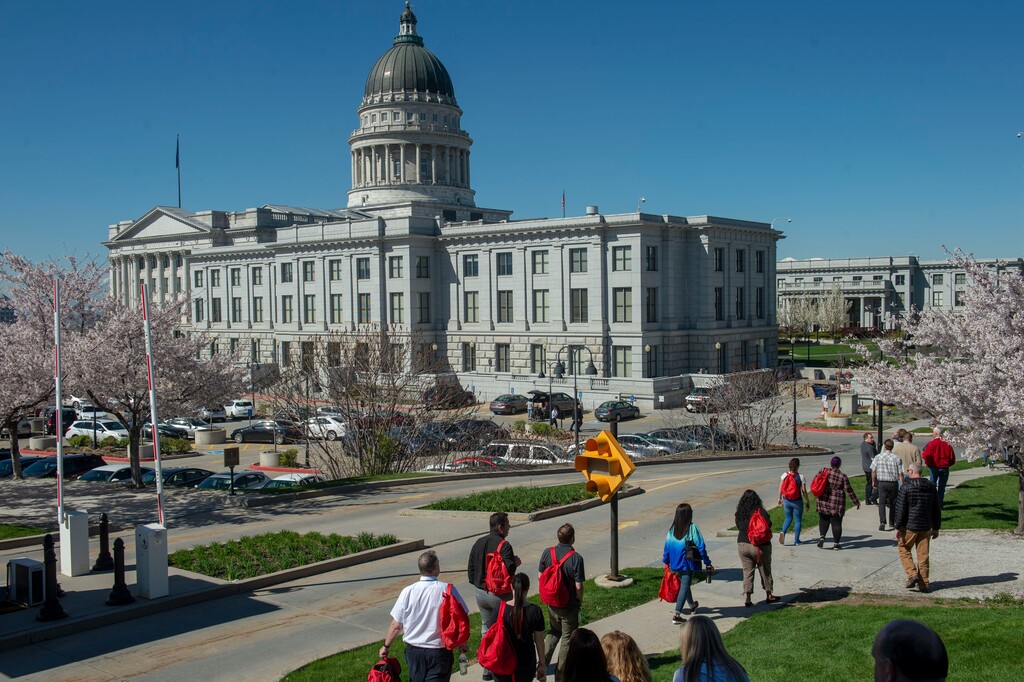 (Rick Egan  |  Tribune file photo)     State Capitol workers head back to work on Capitol Hill, after waiting outside with their emergency back packs, during the annual Great Utah ShakeOut earthquake drill, Thursday, April 18, 2019.