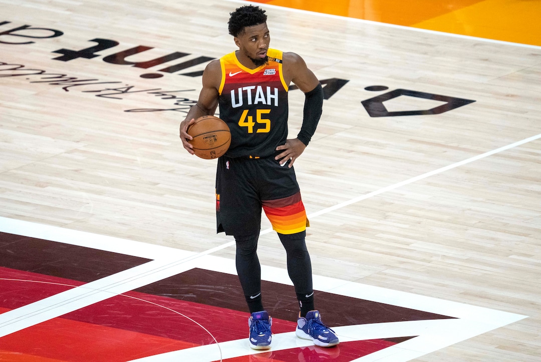 (Rick Egan | The Salt Lake Tribune) Donovan Mitchell (45) runs some time off the clock before scoring his 27th point in the first half of the game, with a 3-point- shot in the final seconds of the first half, in second round playoff action in game 2 between the Utah Jazz and the LA Clippers, at Vivint Arena, on Thursday, June 10, 2021.