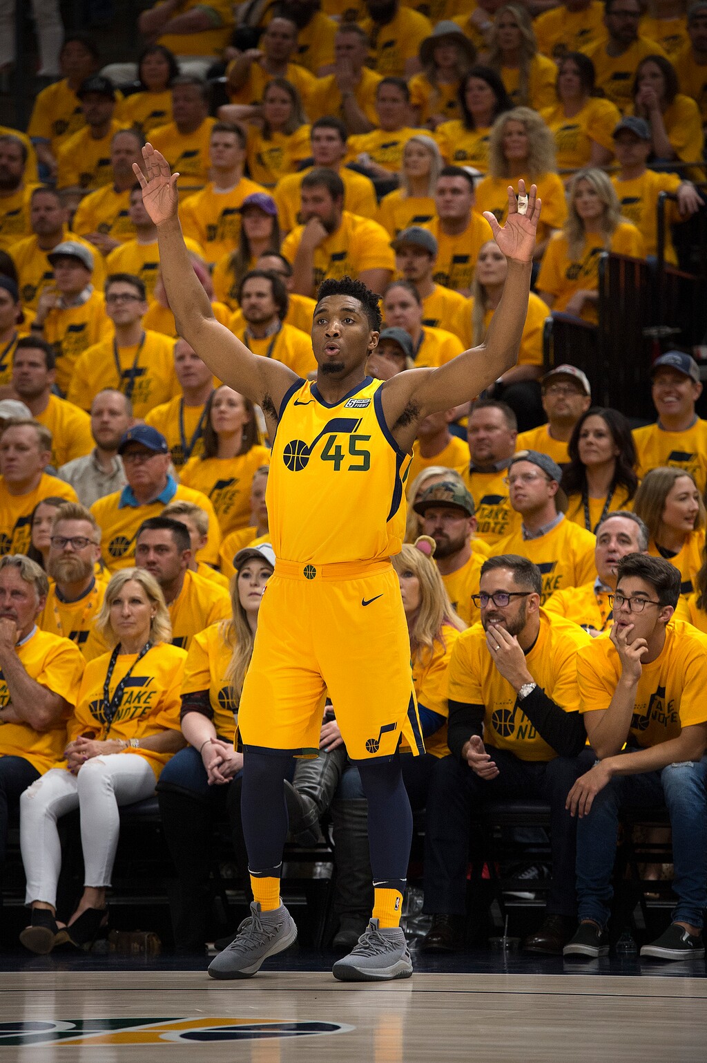 (Scott Sommerdorf | The Salt Lake Tribune)
Utah Jazz guard Donovan Mitchell (45) signals he is open during first half play.
The Thunder led the Jazz 22-18 at the end of the 1st quarter during Game 6 of the first round playoff game, Friday, April 27, 2018.