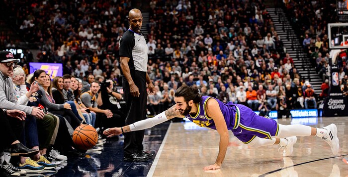 (Trent Nelson | The Salt Lake Tribune)  
Utah Jazz guard Ricky Rubio (3) dives for a loose ball. The Utah Jazz host the Houston Rockets, NBA basketball in Salt Lake City on Thursday Dec. 6, 2018.