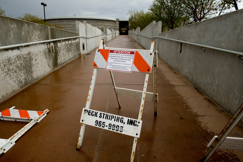 (Jeremy Harmon  |  The Salt Lake Tribune) A sign at the Salt Lake County Jail says no visitors will be allowed until further notice because of the coronavirus pandemic on Tuesday, March 24, 2020. 