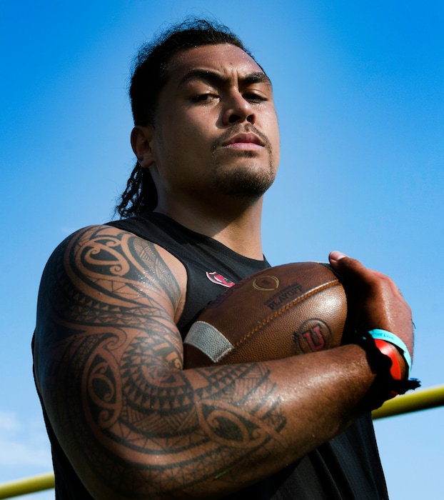 (Rick Egan  |  The Salt Lake Tribune)    Utah offensive lineman Lo Falemaka, after practice, Friday, Aug. 3, 2018.