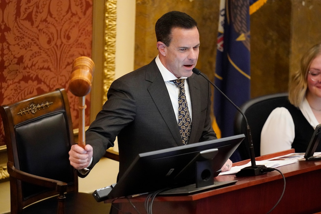 House Speaker Brad Wilson, R-Kaysville, adjourns the Utah Legislature from the House chambers at the Utah State Capitol, late Friday, March 3, 2023, in Salt Lake City. (AP Photo/Rick Bowmer)