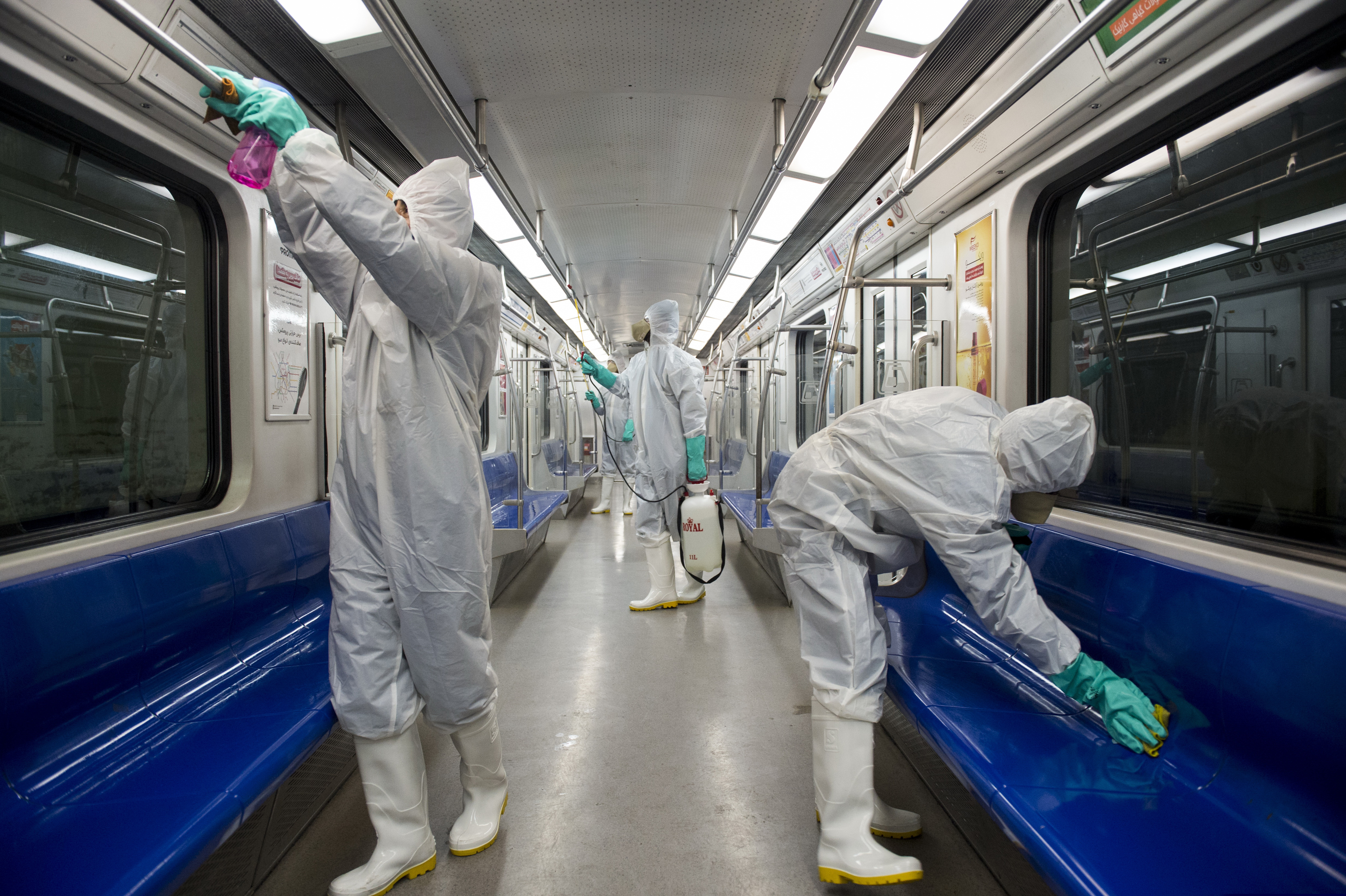 (Sajjad Safari | IIPA via AP) Workers disinfect subway trains against coronavirus in Tehran, Iran, in the early morning of Tuesday, Feb. 25, 2020. Iran's government said Tuesday that more than a dozen people had died nationwide from the new coronavirus, rejecting claims of a much higher death toll of 50 by a lawmaker from the city of Qom that has been at the epicenter of the virus in the country.