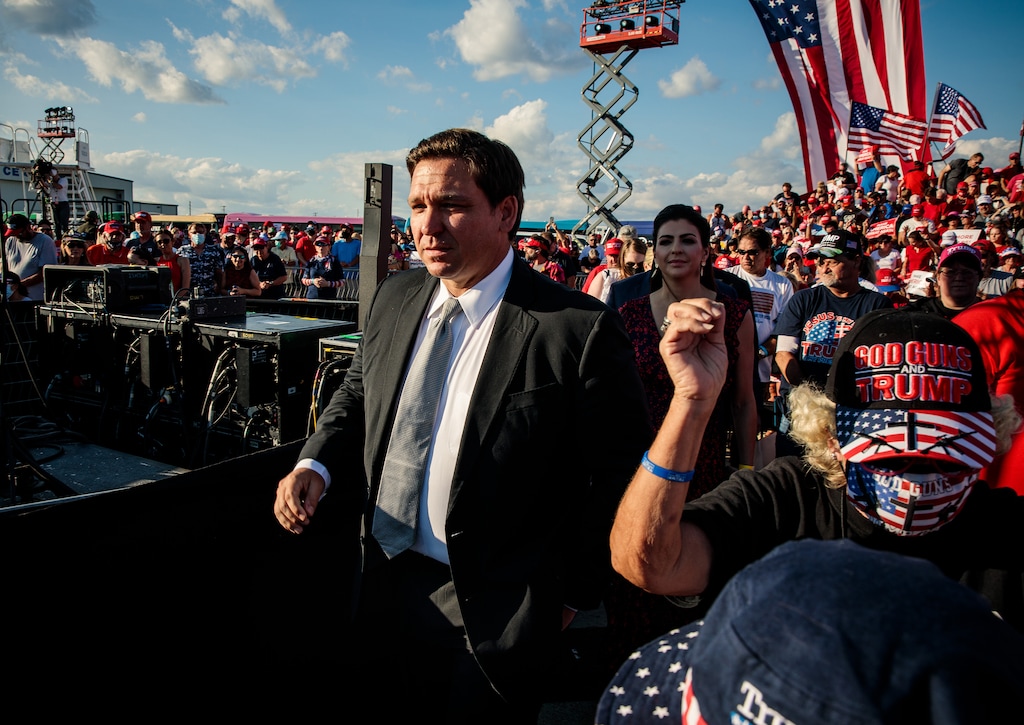 (Damon Winter | The New York Times)
Florida Gov. Ron DeSantis arrives to a re-election campaign rally for President Donald Trump, at the airport in Sanford, Fla., on Oct. 12, 2020. "Right now, the party’s autopsy for 2020, and its not-Trump hopes for 2024, are made flesh in the governor of Florida, Ron DeSantis," writes New York Times opinion columnist Ross Douthat.