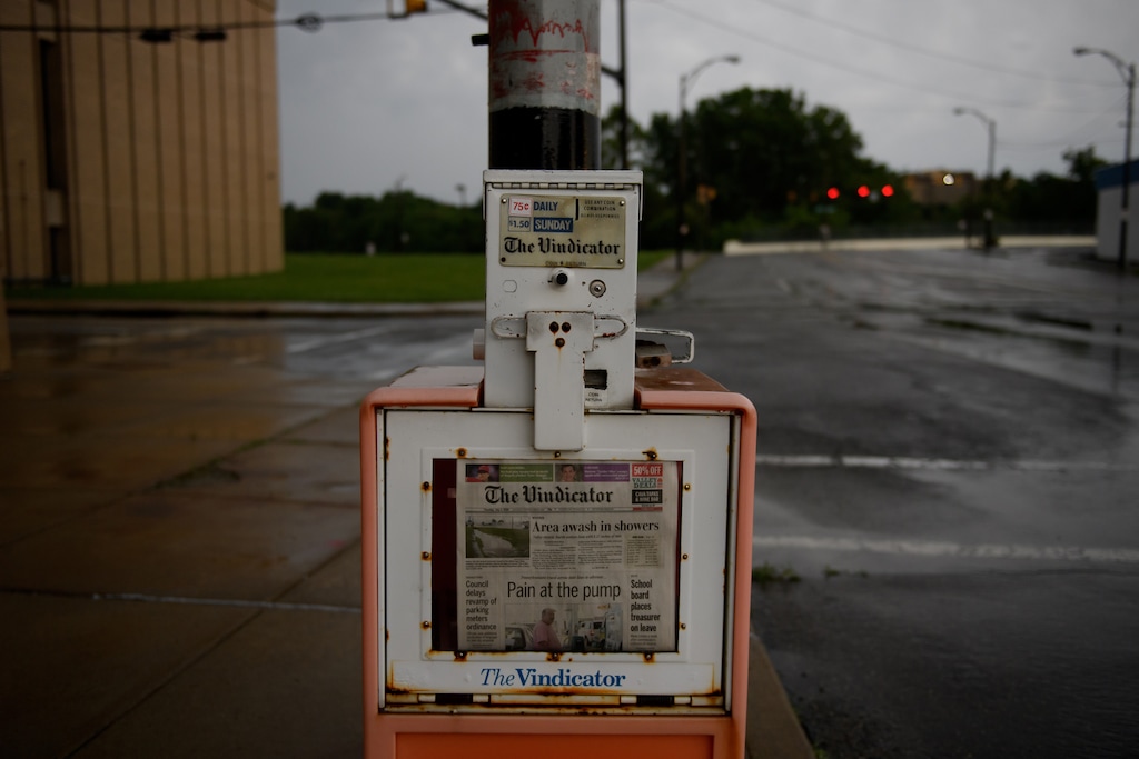 The Vindicator is displayed at Vindicator Square in Youngstown, Ohio, last week. MUST CREDIT: Photo for The Washington Post by Jeff Swensen.