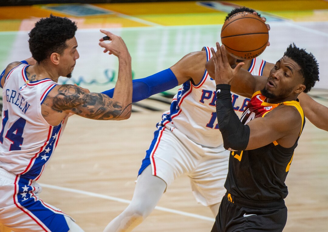 (Rick Egan | The Salt Lake Tribune) Utah guard Donovan Mitchell (45) takes the ball unside, in NBA action between the Utah Jazz and the Philadelphia 76ers at Vivint Arena, on Monday, Feb. 15, 2021.