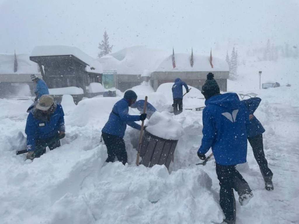 (Dave Fields | Snowbird) Snowbird employees dig out the resort during the first week of interlodge at the resort in April 2023. UDOT shut down State Route 210 through Little Cottonwood Canyon for the better part of two weeks because of the risk of avalanches crossing the road.