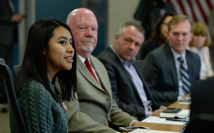 (Francisco Kjolseth | The Salt Lake Tribune) Ciriac Alvarez Valle, a local DREAMer who was brought to the U.S. at the age of 5, just graduated from the University of Utah with a degree in political science and sociology. Valle now age 22, is urging leaders to find a solution for the thousands of Deferred Action for Childhood Arrivals (DACA) kids like herself. World Trade Center Utah hosted an immigration roundtable on Wed. Dec. 6, 2017, with community leaders to discuss how immigrants contribute to the Utah economy.