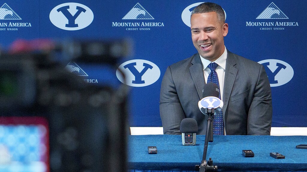 (Leah Hogsten | The Salt Lake Tribune) Brigham Young University assistant basketball coach Kahil Fennell answers questions about his decision to join the basketball team coaching staff at the Marriott Center Annex, Friday, May 27, 2022.