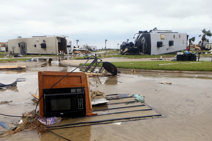 (Gabe Hernandez | Corpus Christi Caller-Times via AP) Mobile homes are destroyed at an RV park after Hurricane Harvey landed in the Coast Bend area on Saturday, Aug. 26, 2017, in Port Aransas, Texas. The National Hurricane Center has downgraded Harvey from a Category 1 hurricane to a tropical storm. Harvey came ashore Friday along the Texas Gulf Coast as a Category 4 storm with 130 mph winds, the most powerful hurricane to hit the U.S. in more than a decade.