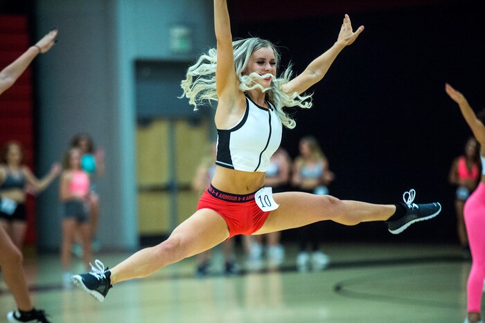 Chris Detrick | The Salt Lake Tribune
Whitney Moss (10) dances during the audition at West High School Saturday, July 8, 2017. 125 women auditioned for sixteen spots on the America First Jazz Dancers team.