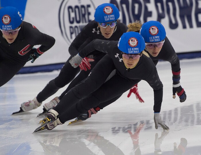 (Scott Sommerdorf   |  The Salt Lake Tribune)   
Jessica Kooreman leads the pack into a turn during the women's 1000 meters final during day 3 of the U.S. short-track Olympic Team Trials at the Utah Olympic Oval, Sunday, December 17, 2017.  
