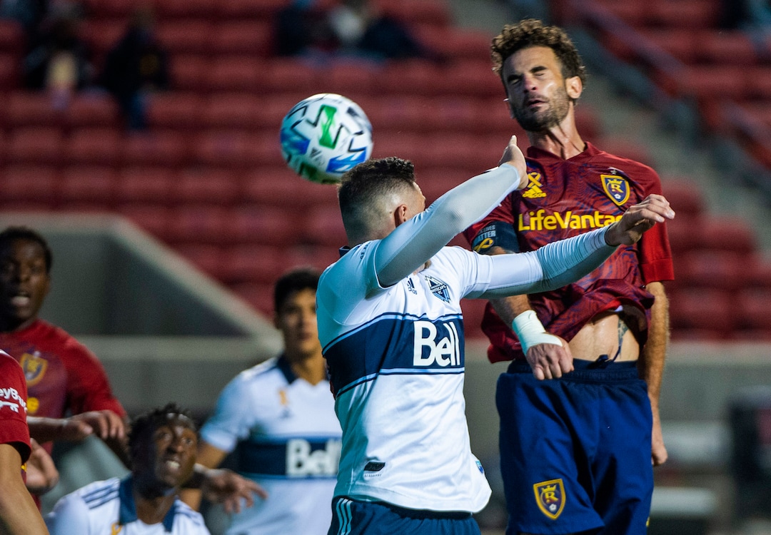 (Rick Egan  |  The Salt Lake Tribune)   Real Salt Lake midfielder Kyle Beckerman (5) makes contact with the ball on a corner kick, in MLS soccer action between Real Salt Lake and the Vancouver Whitecaps at Rio Tinto Stadium on Saturday, Sept. 19, 2020. 