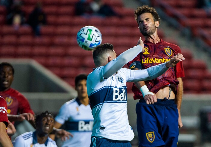 (Rick Egan  |  The Salt Lake Tribune)   Real Salt Lake midfielder Kyle Beckerman (5) makes contact with the ball on a corner kick, in MLS soccer action between Real Salt Lake and the Vancouver Whitecaps at Rio Tinto Stadium on Saturday, Sept. 19, 2020.

 