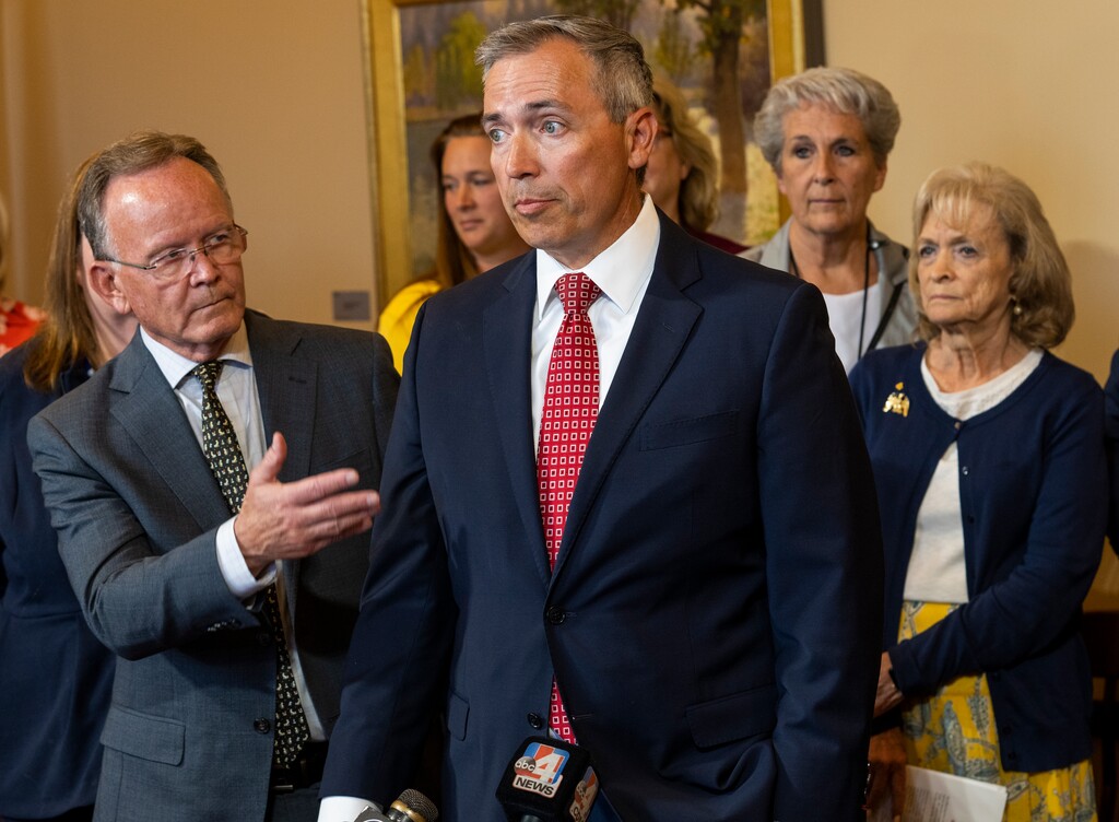 (Rick Egan | The Salt Lake Tribune)  
Sen. Dan McCay answers questions about Utah's trigger law, SB174, that will prohibit elective abortion in Utah, during a news conference at the State Capitol, after the Supreme Court overturned Roe v. Wade, on Friday, June 24, 2022. McCay is the Senate sponsor of a bill that would force courts to reconsider an injunction on that law, which he authored.