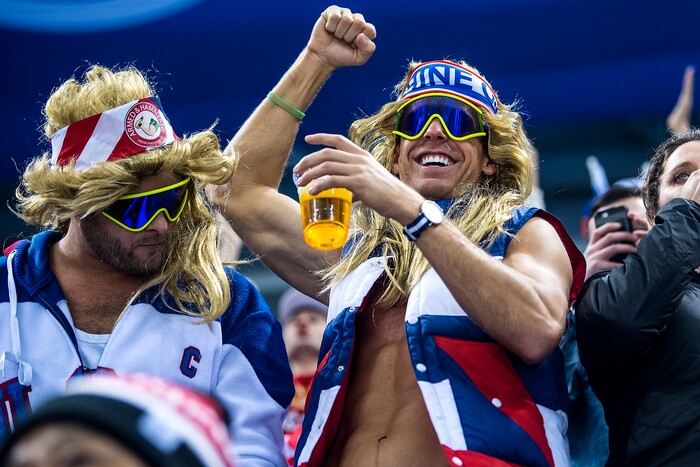 (Chris Detrick  |  The Salt Lake Tribune)  USA fans cheer and dance during the United States vs Olympic Athletes from Russia hockey game at Gangneung Hockey Centre during the Pyeongchang 2018 Winter Olympics Saturday, Feb. 17, 2018. Olympic Athletes from Russia defeated United States 4-0.