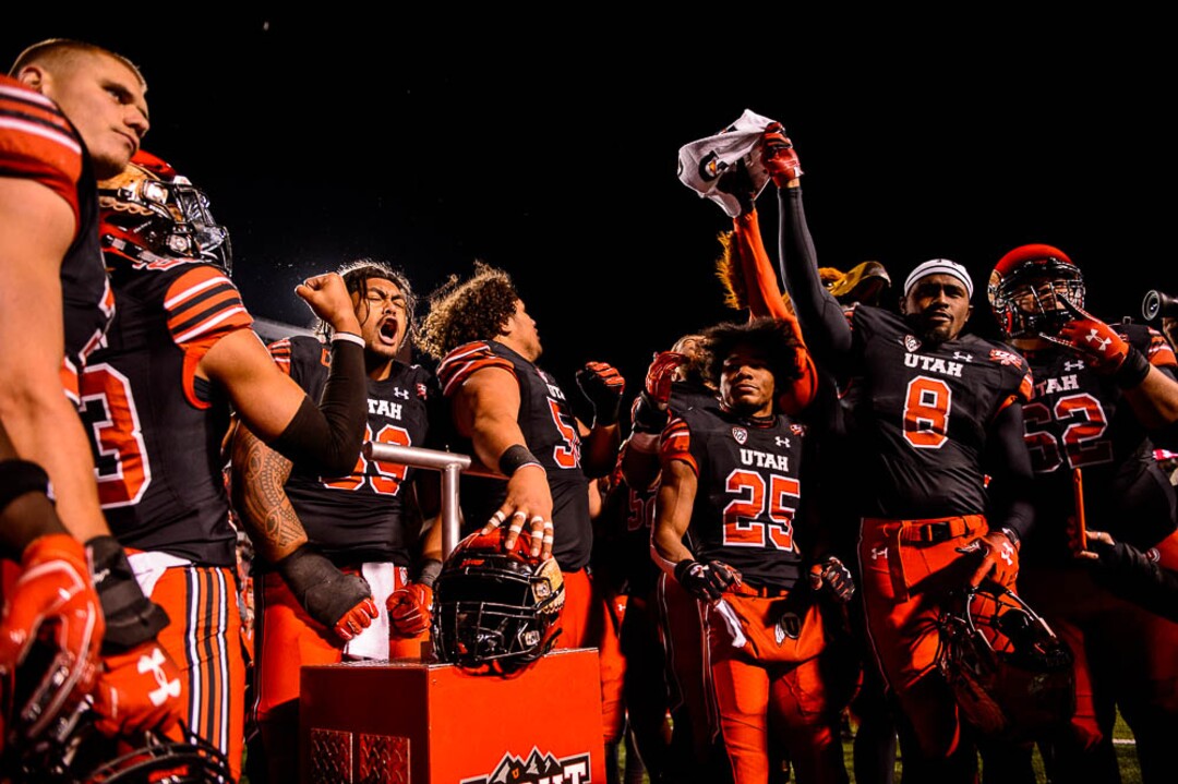 (Trent Nelson | The Salt Lake Tribune)  Utah players celebrate the win. Utah Utes host the Oregon Ducks, NCAA football at Rice-Eccles Stadium in Salt Lake City on Saturday Nov. 10, 2018.