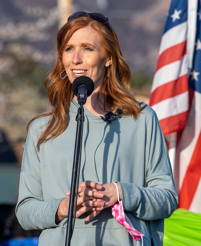 (Rick Egan | The Salt Lake Tribune)  Jennie Taylor says a few words, during the Earth Day Party at the Mini Taylor farm at at the Jennie Taylor's residence, in North Ogden. Taylor is the widow to the late Major. Brent Taylor, killed in 2018 while on Army National Guard duty in Afghanistan, donations have helped restore the small family farm, with planter boxes, a chicken coop, and a sandbox for the kids, on Thursday, April 22, 2021.