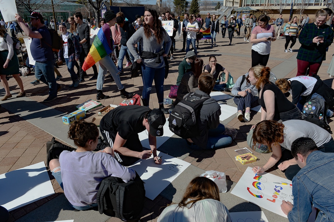 (Francisco Kjolseth  |  The Salt Lake Tribune) Students protest outside the student center at Brigham Young University in Provo, Wednesday, March 4, 2020, after an official with The Church of Jesus Christ of Latter-day Saints issued a clarification to the school's Honor Code, which said that same-sex romantic behavior is still "not compatible" with the rules at BYU.