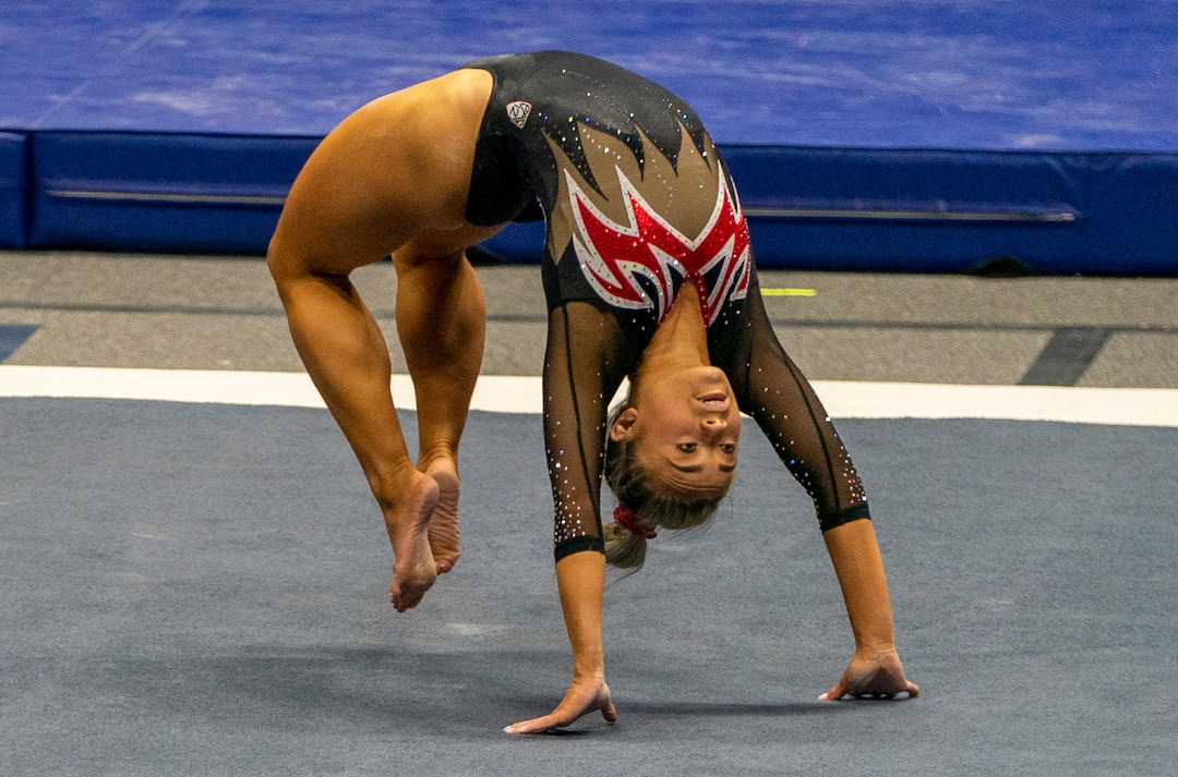 (Rick Egan | The Salt Lake Tribune)   Sydney Soloski competes on the floor, in PAC-12 gymnastics action between The University of Washington and The University of Utah at Jon M. Huntsman Center in Salt Lake City, on Saturday, Jan. 30, 2021.