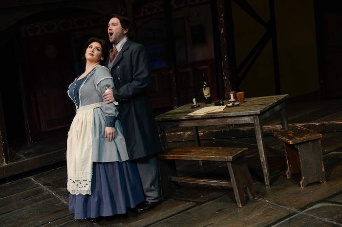 (Francisco Kjolseth  |  The Salt Lake Tribune)  Utah Opera's season opener, "La bohème," Puccini's popular tearjerker about starving artists in turn-of-the-century Paris, opens for five shows on Oct. 7, 2017. On set were: Jennifer Black (Mimì) and Scott Quinn (Rodolfo), acting out various scenes.