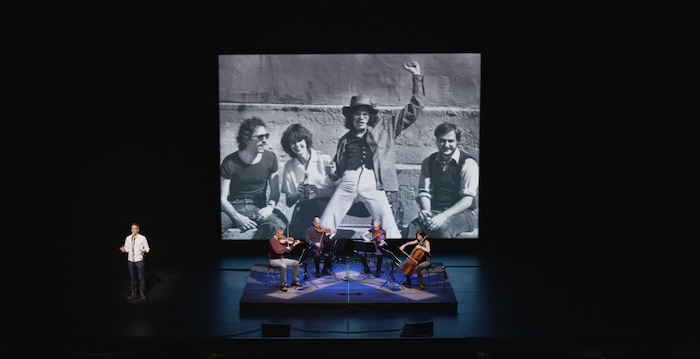 (  |  courtesy Sundance Institute) Kronos Quartet plays live soundtrack accompaniment to a profile of themselves, "A Thousand Thoughts," Directed by Sam Green (who's onstage narrating) and Joe Bini. The film/stage performance will be staged in the New Frontier Films and Performances program of the 2018 Sundance Film Festival.