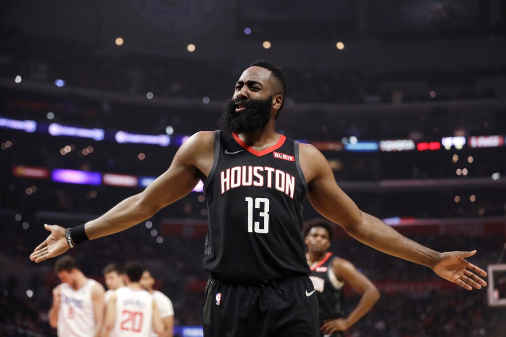(Marcio Jose Sanchez | The Associated Press) Houston Rockets' James Harden argues a call during the first half of the team's NBA basketball game against the Los Angeles Clippers on Wednesday, April 3, 2019, in Los Angeles.