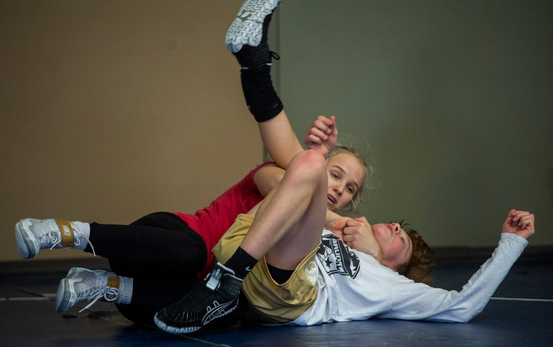 (Rick Egan | The Salt Lake Tribune)   Sage Mortimer wrestles Andrew Fox, during practice, at American Leadership Academy, Thursday, Feb. 4, 2021.