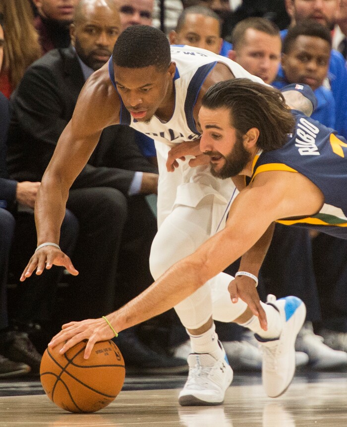 (Rick Egan  |  The Salt Lake Tribune)  Utah Jazz guard Ricky Rubio (3) goes for a loose ball along with Dallas Mavericks guard Dennis Smith Jr. (1), in NBA action Utah Jazz vs. Dallas Mavericks, in Salt Lake City, Monday, October 30, 2017.