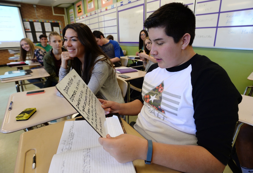 Steve Griffin  |  The Salt Lake TribuneMayte Rodriquez smiles as Clay Newman reads here answer to a question as they attend Indgrid Campos' AP Spanish class at Layton High School, in Layton, Utah Thursday, April 7, 2016. The first cohort of students who enrolled in Utah's dual immersion programs are now reaching the age where they can take high school AP language courses for college credit.