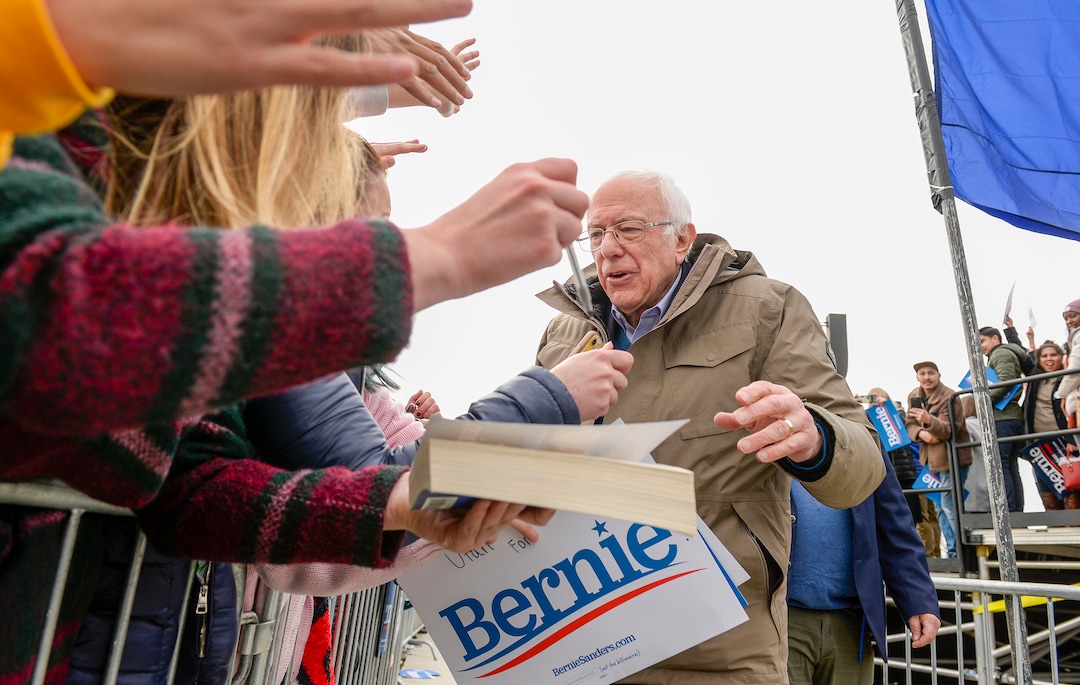 (Leah Hogsten  |  The Salt Lake Tribune) Vermont Sen. Bernie Sanders greets his supporters at his rally at Utah State Fairpark, Mar. 2, 2020, one day before UtahÕs Super Tuesday primary.