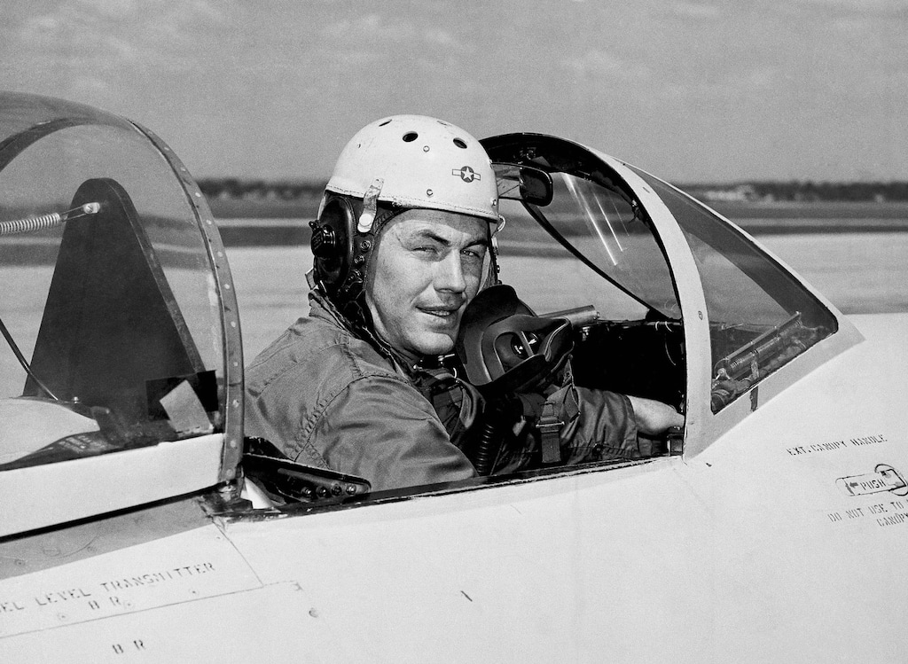 (AP file photo) In this 1948 photo, test pilot Charles E. Yeager, 25, poses for a picture in a jet's cockpit. Yeager was first to fly faster than the speed of sound. Another Yeager feat, flying a jet under a Charleston, W.Va., bridge in 1948, was not reported by the local media. Yeager died Monday, Dec. 7, 2020, at age 97.