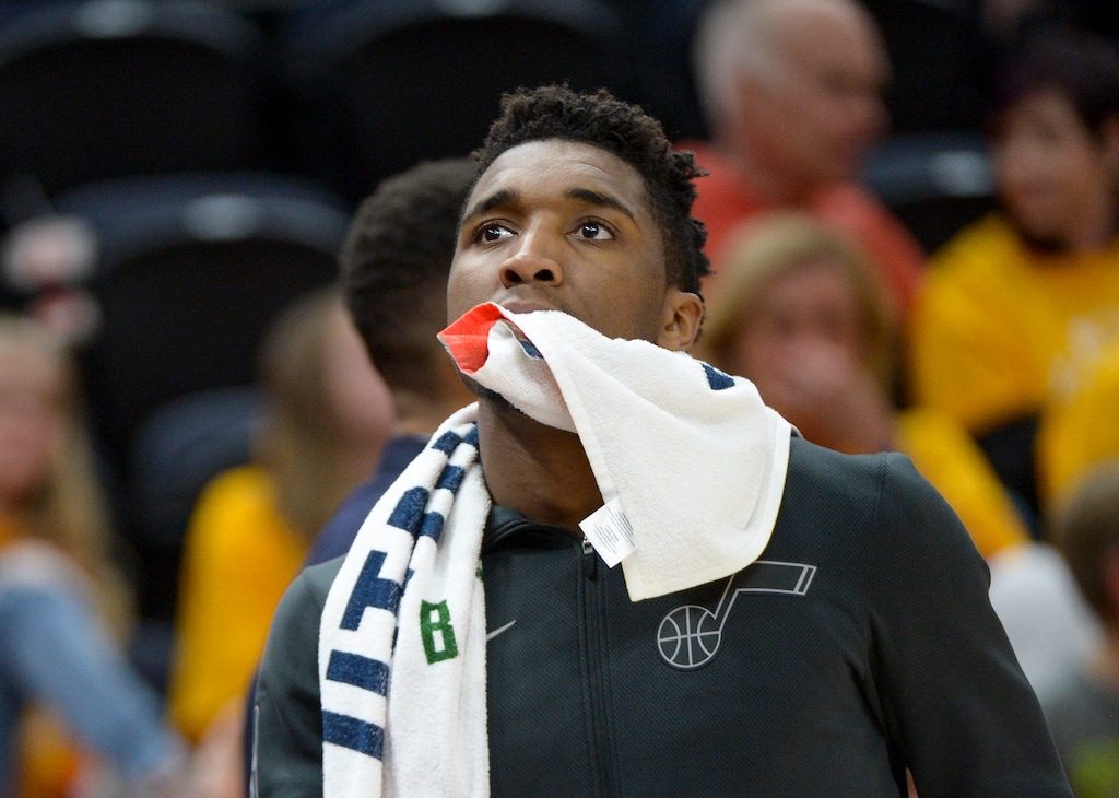 (Leah Hogsten  |  The Salt Lake Tribune)  Utah Jazz guard Donovan Mitchell (45) reacts to the loss. The Houston Rockets defeated the Utah Jazz 113-92 in Game 3 of an NBA basketball second-round playoff series Friday, May 4, 2018 in Salt Lake City.