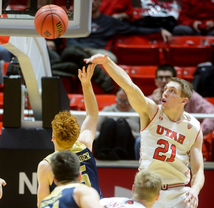 (Steve Griffin  |  The Salt Lake Tribune)  Utah Utes forward Tyler Rawson (21)during the Utah versus UC Davis men's NIT basketball game at the Huntsman Center in Salt Lake City Wednesday March 14, 2018.