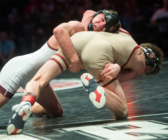 (Rick Egan  |  The Salt Lake Tribune)   Jarett Jorgensen (Morgan) wrestles Kalob Nybo (Juab) in the 120 weight class, in the3A State Wrestling at UVU in Orem, Saturday, February 10, 2018.