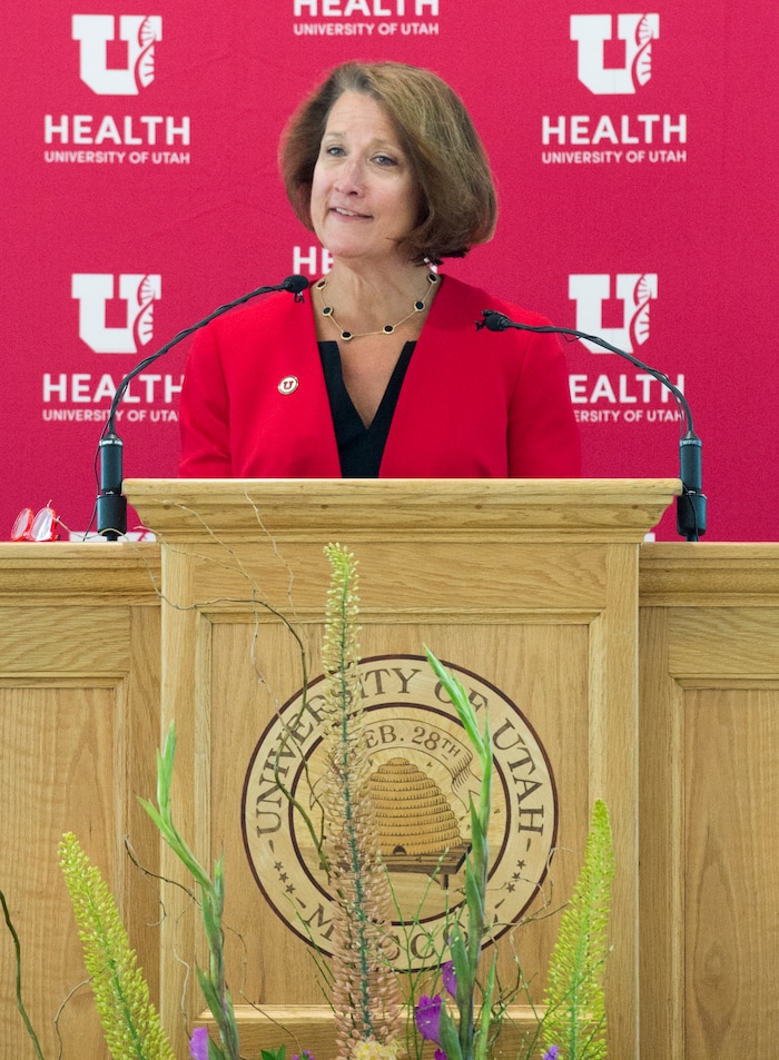 (Rick Egan  |  The Salt Lake Tribune)      University of Utah and President Ruth V. Watkins says a few words  as the University of Utah six new Jon M. Huntsman Presidential Chairs, funded by the Huntsman Family Foundation, during a ceremony at the Alumni House, Tuesday, June 19, 2018.


